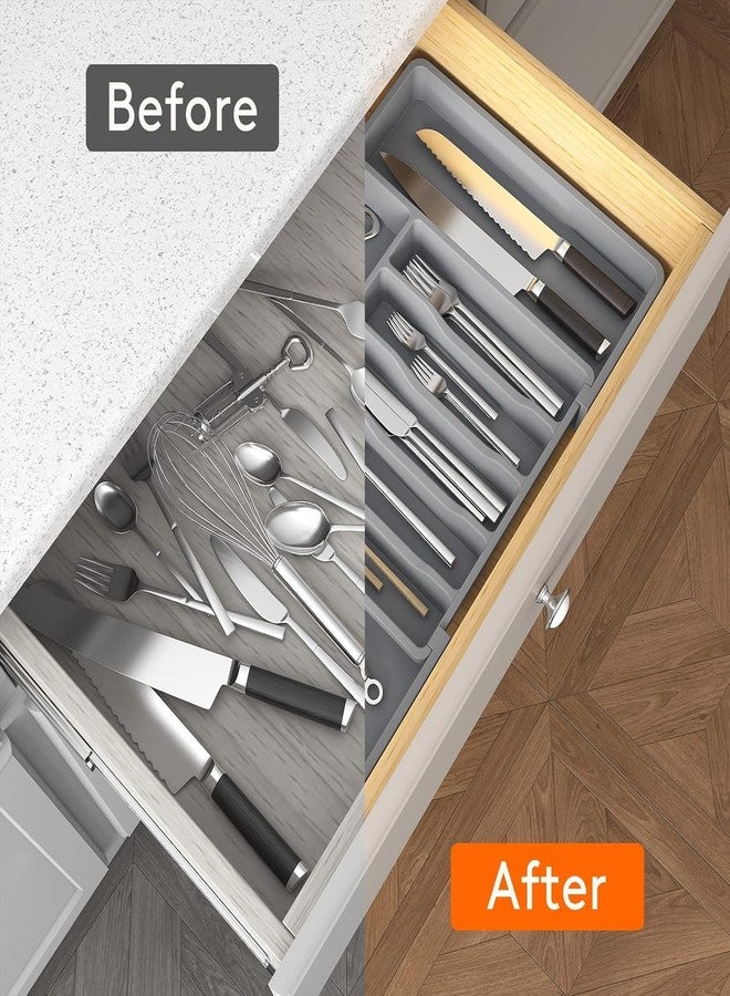 JD FRESH Expandable Slider Drawer Organizer/Kitchen Cutlery Tray/Plastic Storage Tray Kitchen Organization/Adjustable Cutlery & BPA Free Flatware Holder for Spoons, Forks, Knives/Grey (Pack of 1) - Image 5